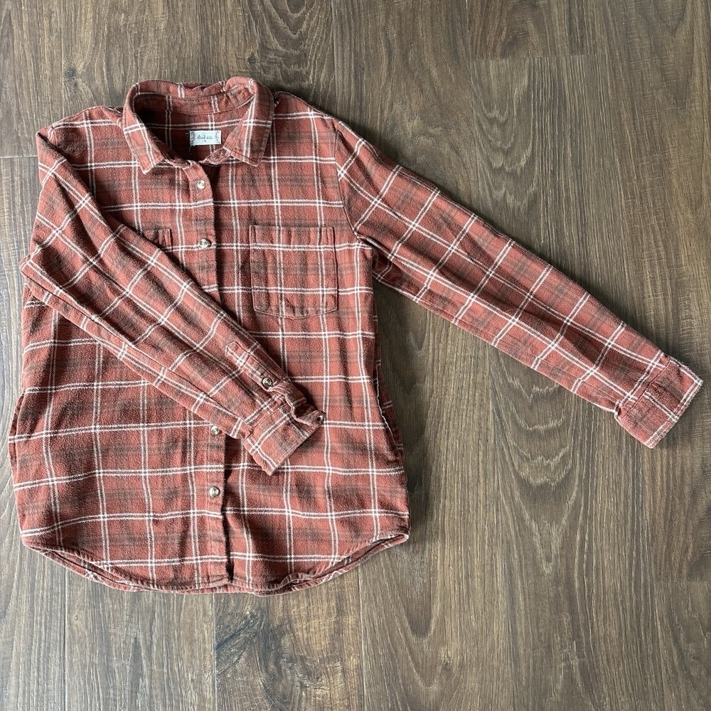 Altar'd State  Plaid Brown White Flannel Long Sleeve Button-Up Shirt Womens